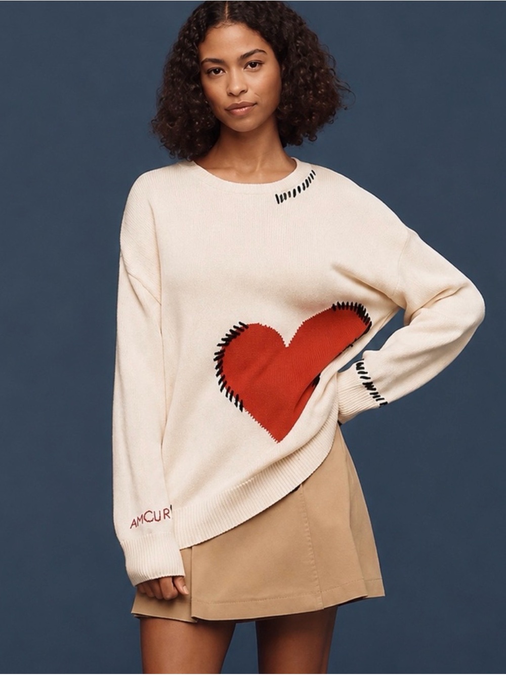 Anthropologie Maeve Cream Heart-Accent Crewneck Sweater - Red Heart size Small